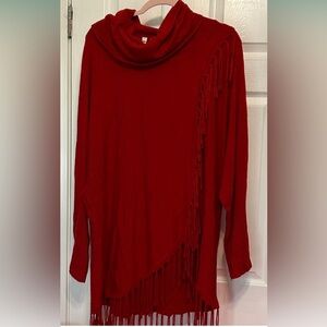 Collection B Vibrant Red Cowl Neck Sweater with Fringe - 2x